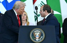 Egyptian President Abdel Fattah al-Sisi (R) is mulling whether to join a 'board of peace' for Gaza formed by US President Donald Trump (L)