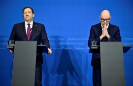 German Vice Chancellor and Finance Minister Lars Klingbeil, on the left, and French Economy and Finance Minister Roland Lescure give a joint statement in Berlin