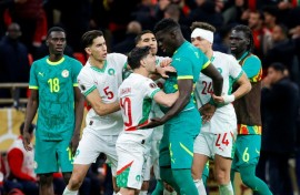 Senegal and Morocco players clash during the Africa Cup of Nations final in Rabat