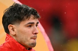 Brahim Diaz, replaced after his penalty miss, looks on from the bench as Morocco lose the Africa Cup of Nations final football to Senegal