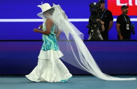 Naomi Osaka arrives for her match against Croatia’s Antonia Ruzic in style