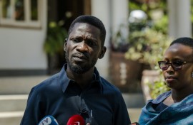 Uganda opposition leader and National Unity Platform (NUP) presidential candidate Robert Kyagulanyi Ssentamu, popularly known as Bobi Wine, speaks at a press conference at his house in Kampala on January 15, 2026, during Uganda's 2026 general elections