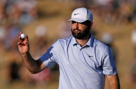 American Scottie Scheffler celebrates his victory in the US PGA Tour American Express at La Quinta, California