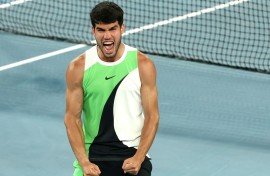 Spain's Carlos Alcaraz celebrates victory over Australia's Alex de Minaur
