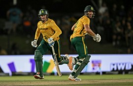 South Africa's Ryan Rickelton (L) and Aiden Markram led an overhaul of a competitive West Indies score in their first T20 international