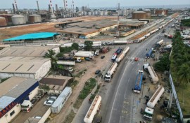 Malian tankers wait to load fuel at the Ivorian Refining Company (SIR) in Abidjan on January 15, 2026