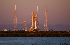 The Space Launch System (SLS) rocket and the Orion spacecraft, integrated for the Artemis II mission, are seen at Launch Pad 39B at the Kennedy Space Center in Cape Canaveral, Florida