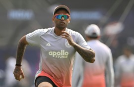 India captain Suryakumar Yadav trains at the Wankhede stadium in Mumbai on Friday