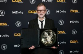 US director Paul Thomas Anderson, winner of the Outstanding Directorial Achievement in Theatrical Feature Film for "One Battle After Another," poses in the press room during the 78th Annual Directors Guild Of America Awards