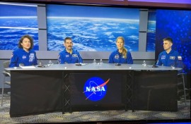 The four-member Crew-12 set to blast off to the International Space Station are (L to R) NASA astronauts Jessica Meir and Jack Hathaway, European Space Agency astronaut Sophie Adenot, and Roscosmos cosmonaut Andrey Fedyaev