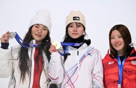 Chloe Kim (L) was relegated to silver medal position in the Olympic halfpipe by South Korea's Choi Gaon (C) while Japan's Mitsuki Ono took bronze