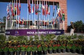 A Delhi police officer outside the venue of the 'India AI Impact Summit 2026'