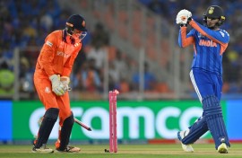 Form slump: India's Abhishek Sharma is clean bowled against the Netherlands for his third duck in a row
