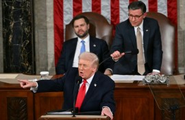 US President Donald Trump gestures toward Democratic members of Congress as he delivers the State of the Union address in the House Chamber of the US Capitol in Washington, DC, on February 24, 2026