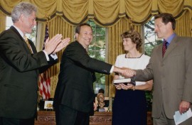 Summers (2-L), who ran the US Treasury under President Bill Clinton (L), was revealed in the Epstein files released by the US Department of Justice to have had extensive exchanges with the now deceased financier