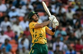 South Africa's captain Aiden Markram watches the ball after playing a shot against the West Indies in Ahmedabad
