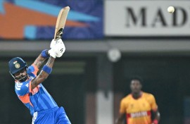India’s Hardik Pandya plays a shot during the 2026 ICC Men's T20 Cricket World Cup Super Eights match between India and Zimbabwe