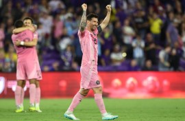 Lionel Messi celebrates after scoring Inter Miami's fourth goal in their come-from-behind 4-2 win over Orlando City in the Florida derby