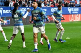 Kylian Mbappe (C) warming up before Real Madrid's recent game against Osasuna in La Liga