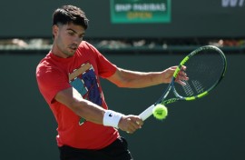 World number one Carlos Alcaraz of Spain practices before the Indian Wells ATP/WTA Masters 1000