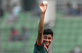 Bangladesh's Nahid Rana shows the ball after his five-wicket haul during the first one-day international (ODI) cricket match between Bangladesh and Pakistan at Sher-e-Bangla National Stadium in Mirpur on March 11, 2026