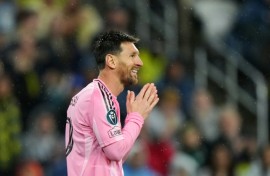 Argentine superstar Lionel Messi of Inter Miami reacts after a missed shot as he failed to score his 900th career goal in a 0-0 CONCACAF Champions Cup draw at Nashville in the first leg of their round-of-16 matchup