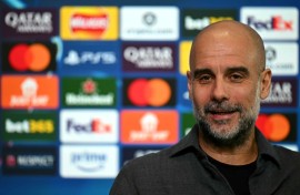 Manchester City manager Pep Guardiola speaks during a pre-match press conference on the eve of a Champions League, last 16, second-leg football match against Real Madrid