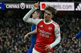 Arsenal's Max Dowman celebrates scoring against Everton