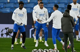 Real Madrid's Kylian Mbappe (C) is set to return to action against Manchester City