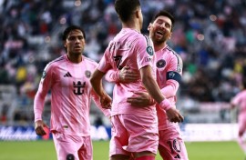 Lionel Messi celebrates after scoring the 900th goal of his career in Inter Miami's CONCACAF Champions Cup clash with Nashville