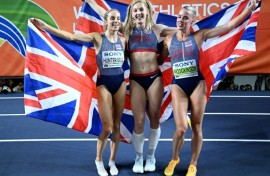 British gold medal winners, Georgia Hunter Bell (L), Molly Caudery (C) and Keely Hodgkinson
