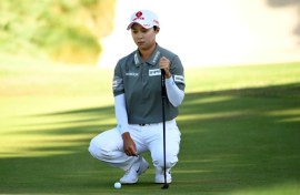 Kim Hyo-joo lines up a putt on her way to victory at the LPGA Tour's Fortinet Founders Cup in Menlo Park