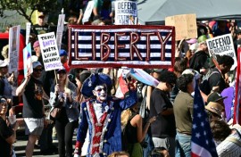 Protesters in Los Angeles during the 'No Kings' rally across the United States on October 18, 2025