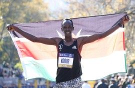 Kenya's Albert Korir after winning the 2021 New York City Marathon