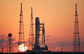 NASA's Artemis II Space Launch System (SLS) rocket and Orion spacecraft at sunrise at Launch Pad 39B at the Kennedy Space Center in Cape Canaveral, Florida