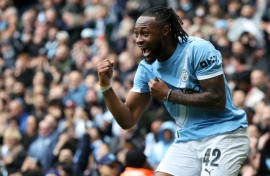 Antoine Semenyo celebrates scoring for Manchester City in a FA Cup quarter-final triumph over Liverpool.