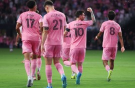 Lionel Messi celebrates after scoring Inter Miami's first goal in their new Nu Stadium