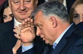 Hungary's Prime Minister Viktor Orban salutes to supporters at the Balna centre in Budapest during a general election in Hungary, on April 12, 2026
