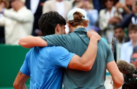 Spain's Carlos Alcaraz (L) lost the world number one spot to great rival Jannik Sinner (R) after the Italian beat him in the final of the Monte Carlo Masters