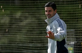 Arsenal manager Mikel Arteta arrives to take a team training session on the eve of the Champions League quarter-final second leg against Sporting Lisbon