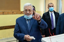 Mahmud Abbas, seen here voting in local elections in 2022, was elected as Palestinian president for a four-year term in 2005
