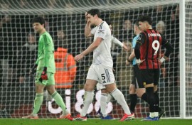 Manchester United defender Harry Maguire (C) was sent off during a 2-2 draw away to Bournemouth in the Premier League last month