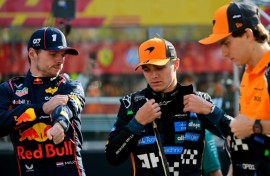 McLaren duo Lando Norris (C) and Oscar Piastri (R) feel F1 would be worse off if Max Verstappen were to walk away from the spot
