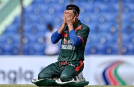 Bangladesh's Najmul Hossain Shanto celebrates after scoring his century