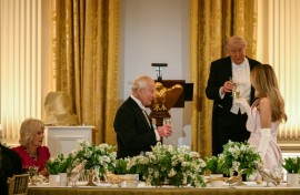 Britain's King Charles III shared a toast with US President Donald Trump and First Lady Melania Trump as Queen Camilla looks on during a State Dinner in the East Room of the White House