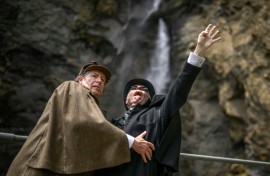 Reichenbach reenacted: Sherlock Holmes, here played by British motoring author Philip Porter, grapples with nemesis Professor Moriarty, played by British lawyer Peter Horrocks