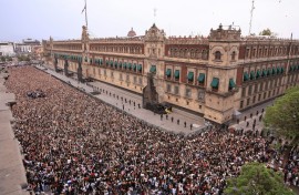 In this handout picture released by Mexico's presidencial press office, some 50,000 fans of South Korea's K-pop band BTS came to see the band at the Palacio Nacional in Mexico City