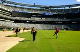 Pitch perfect: Workers install the pitch at New York New Jersey Stadium ahead of the 2026 FIFA World Cup