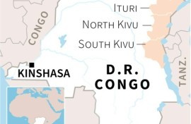 Map of the Democratic Republic of Congo locating the provinces of Ituri, North Kivu and South Kivu