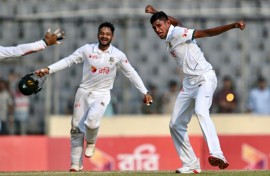 Bangladesh's Nahid Rana (R) rattled Pakistan with figures of 5-40 in the visitors' second innings